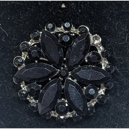 Vintage Gothic Floral Black And Silver Tone Gemmed Brooch