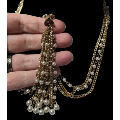 Gold Tone Faux Pearl Multistrand Tassel Necklace