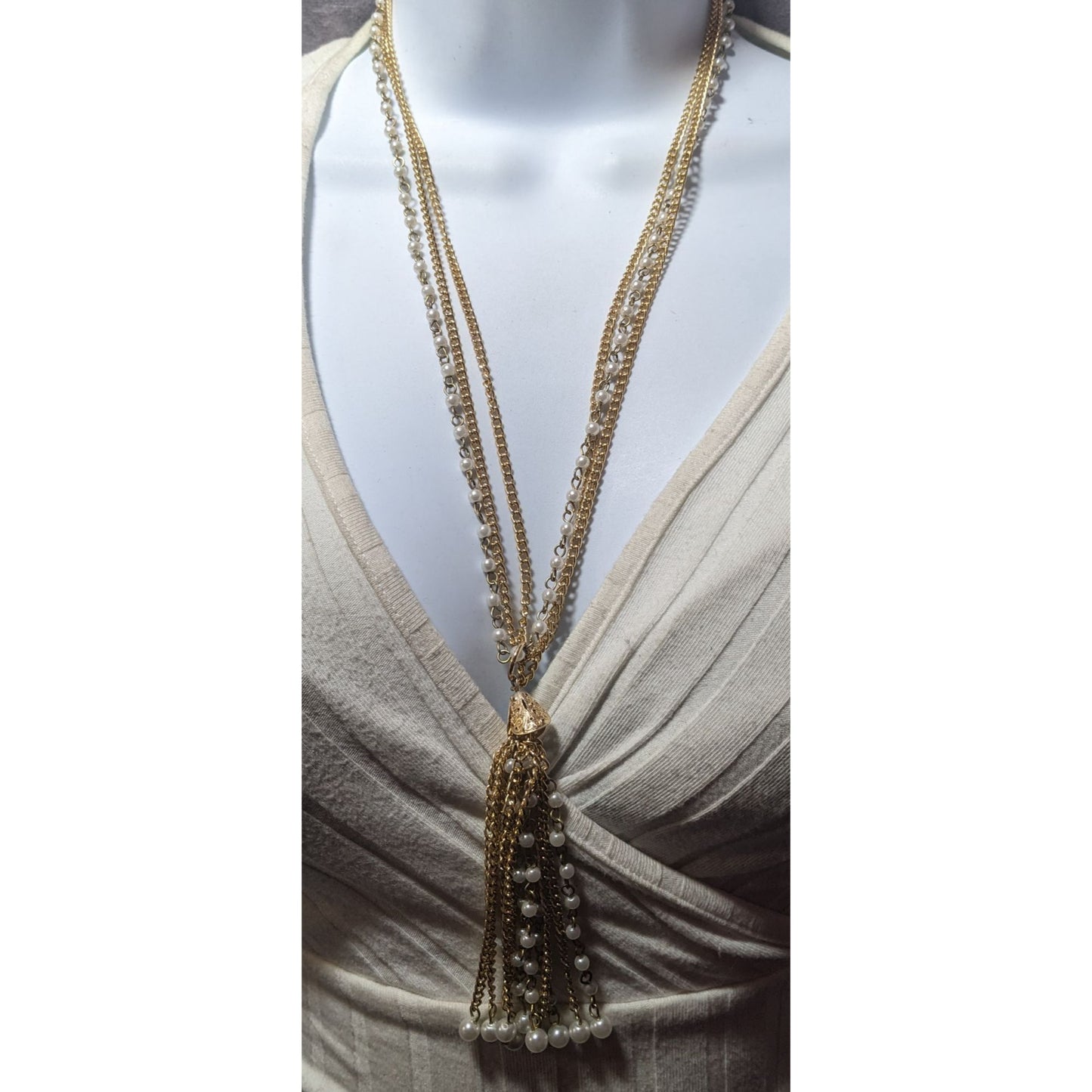 Gold Tone Faux Pearl Multistrand Tassel Necklace