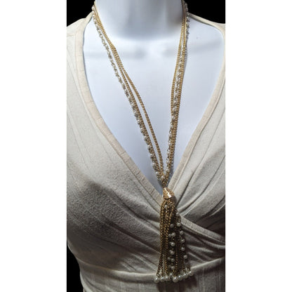 Gold Tone Faux Pearl Multistrand Tassel Necklace