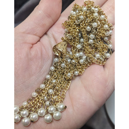 Gold Tone Faux Pearl Multistrand Tassel Necklace