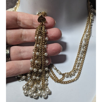 Gold Tone Faux Pearl Multistrand Tassel Necklace