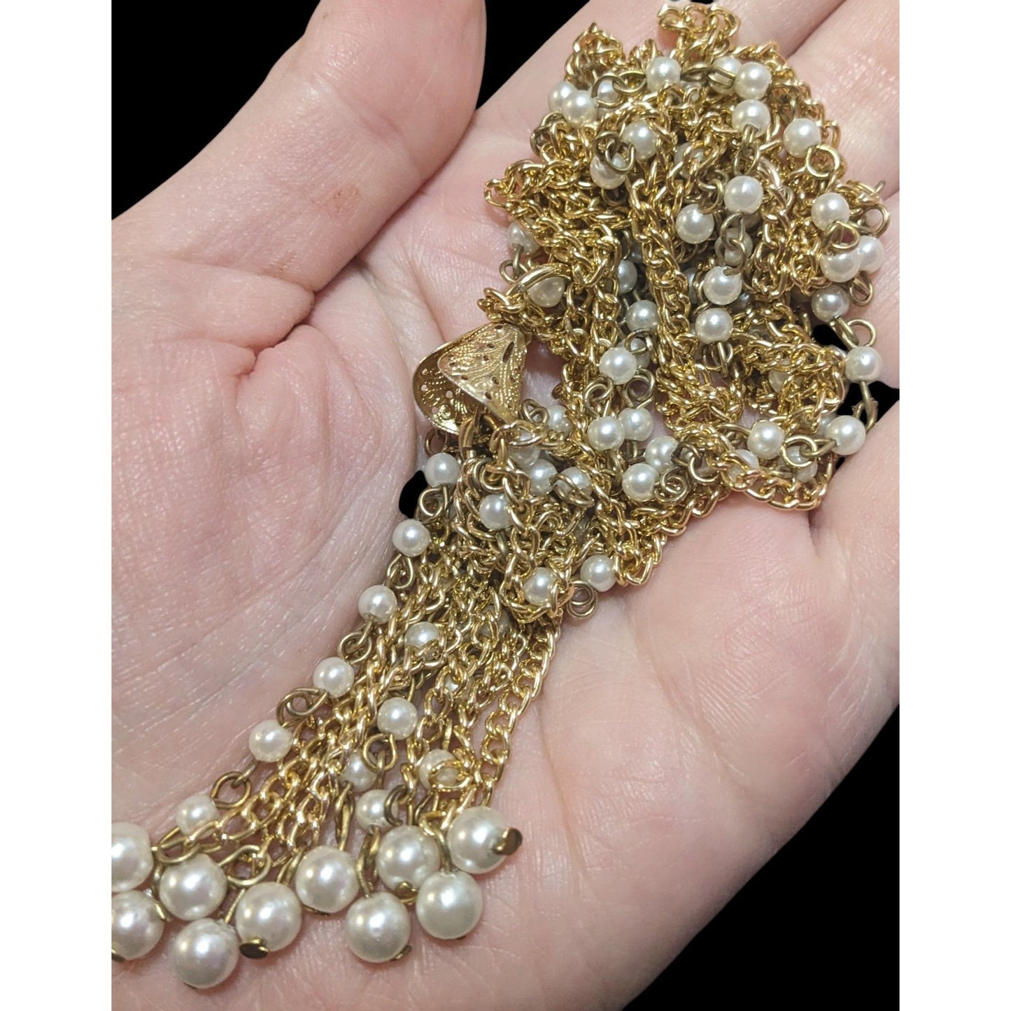 Gold Tone Faux Pearl Multistrand Tassel Necklace