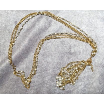 Gold Tone Faux Pearl Multistrand Tassel Necklace