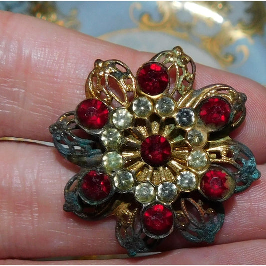 Vintage Vampire Floral Filigree Brooch With Red Rhinestones