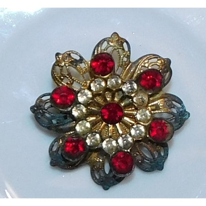 Vintage Vampire Floral Filigree Brooch With Red Rhinestones
