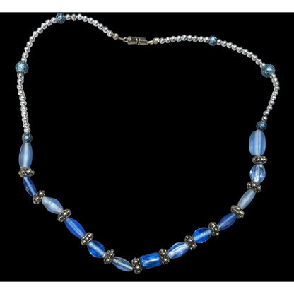 Beachy Blue Glass And Silver Tone Beaded Necklace