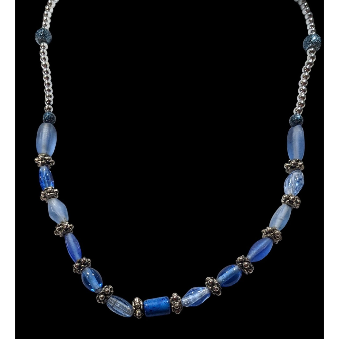 Beachy Blue Glass And Silver Tone Beaded Necklace