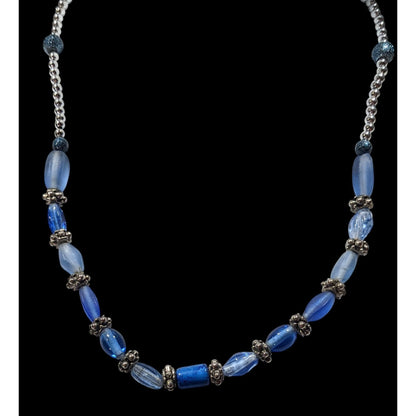 Beachy Blue Glass And Silver Tone Beaded Necklace