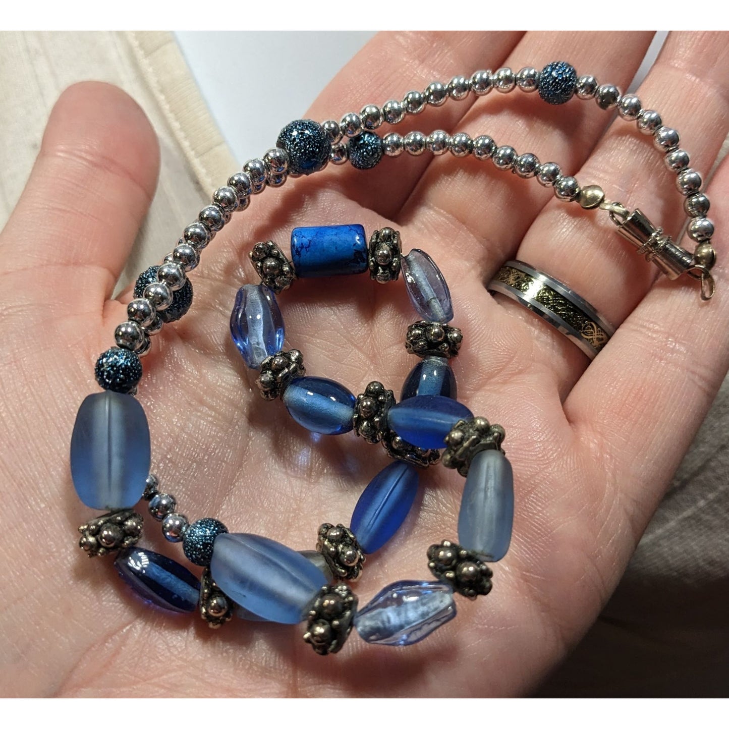 Beachy Blue Glass And Silver Tone Beaded Necklace