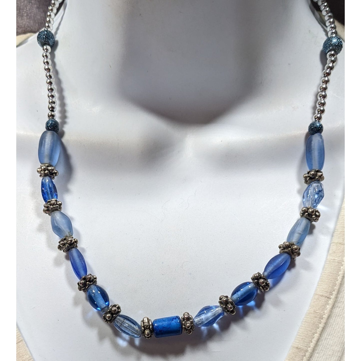 Beachy Blue Glass And Silver Tone Beaded Necklace