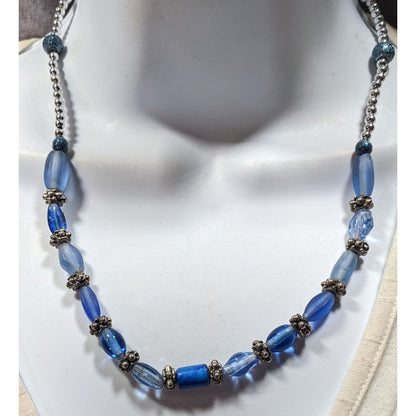 Beachy Blue Glass And Silver Tone Beaded Necklace