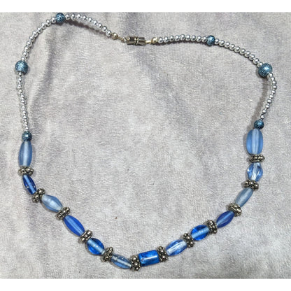 Beachy Blue Glass And Silver Tone Beaded Necklace