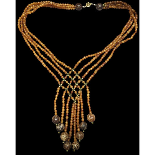 Unique Bohemian Glass Wood And Metal Braided Beaded Necklace