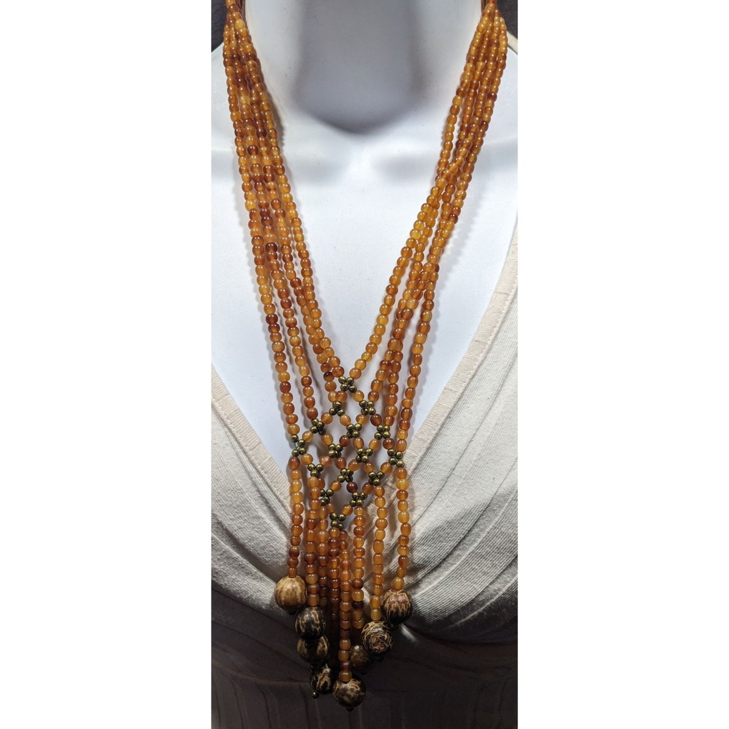 Unique Bohemian Glass Wood And Metal Braided Beaded Necklace
