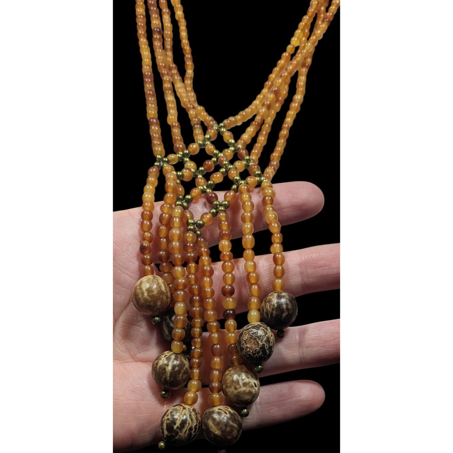 Unique Bohemian Glass Wood And Metal Braided Beaded Necklace