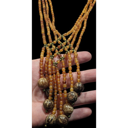 Unique Bohemian Glass Wood And Metal Braided Beaded Necklace