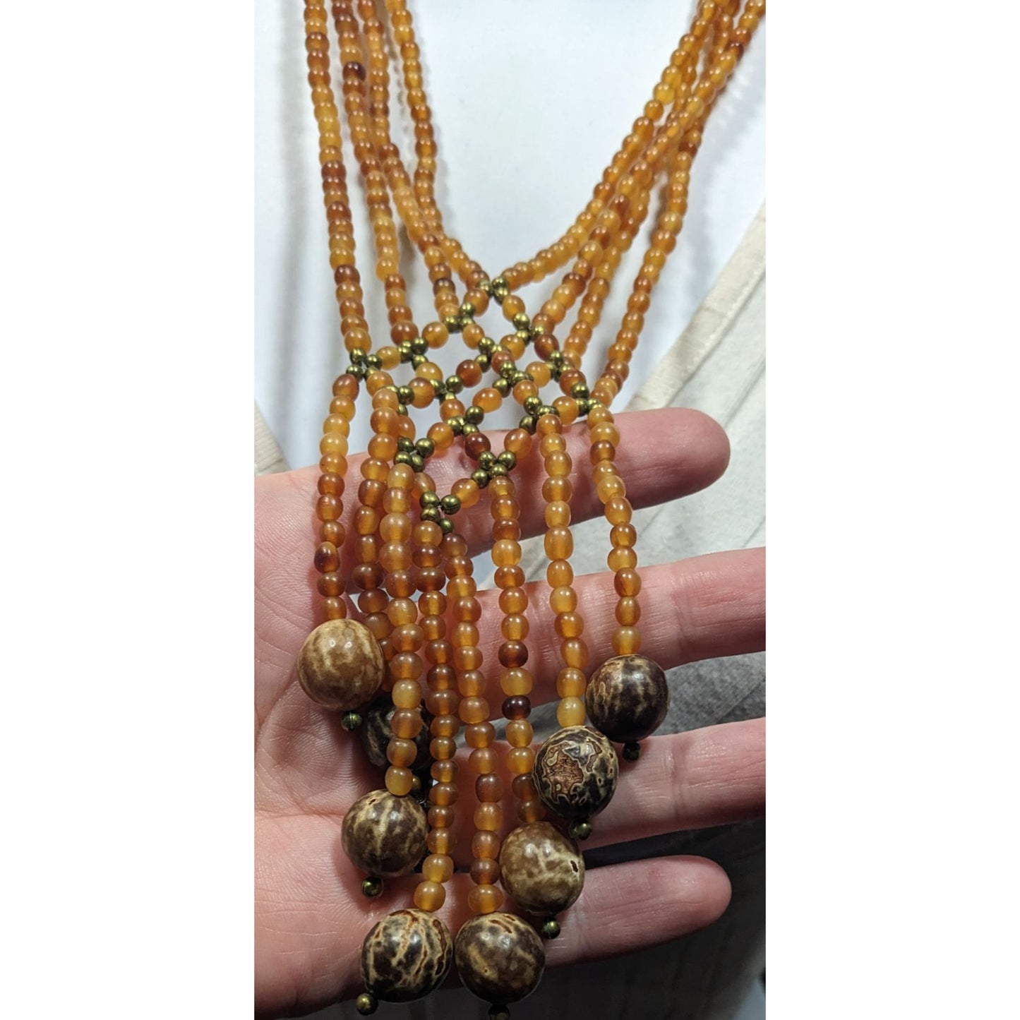 Unique Bohemian Glass Wood And Metal Braided Beaded Necklace