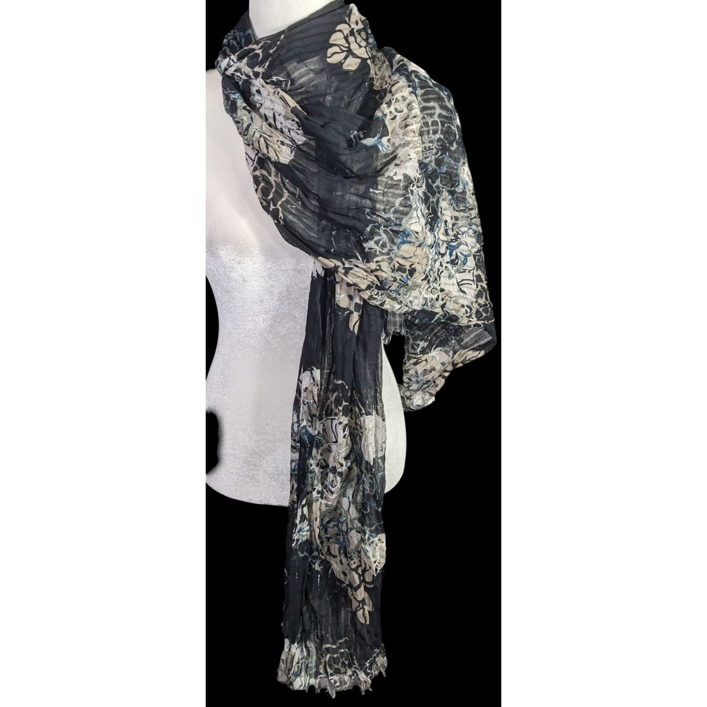 Gothic Floral Scrunched Lightweight Scarf Wrap 74"x26" Black Beige Blue Flowers