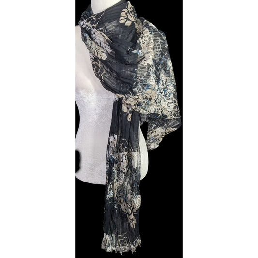 Gothic Floral Scrunched Lightweight Scarf Wrap 74"x26" Black Beige Blue Flowers