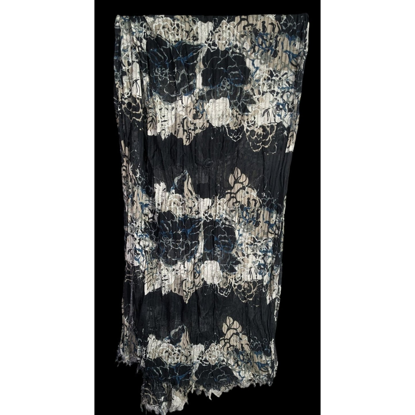 Gothic Floral Scrunched Lightweight Scarf Wrap 74"x26" Black Beige Blue Flowers