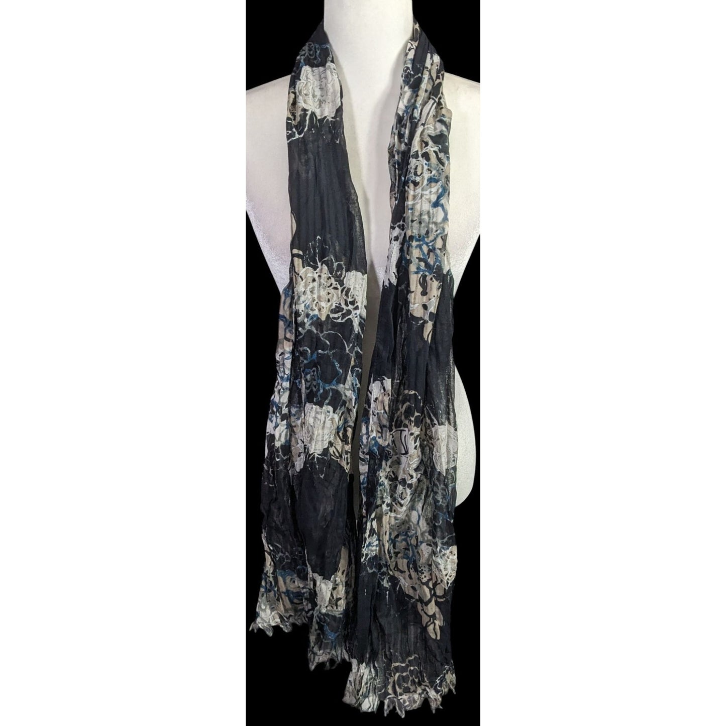 Gothic Floral Scrunched Lightweight Scarf Wrap 74"x26" Black Beige Blue Flowers