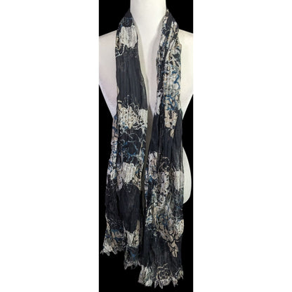 Gothic Floral Scrunched Lightweight Scarf Wrap 74"x26" Black Beige Blue Flowers