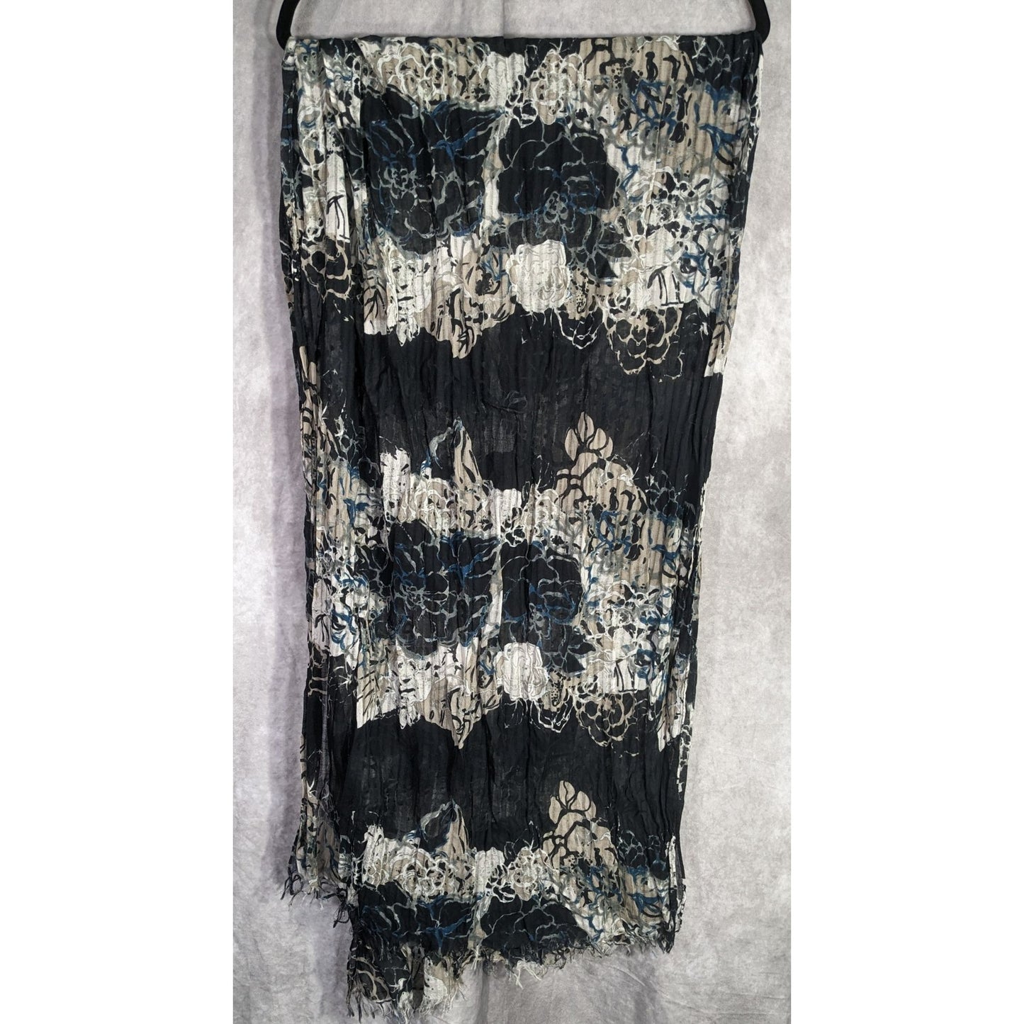 Gothic Floral Scrunched Lightweight Scarf Wrap 74"x26" Black Beige Blue Flowers