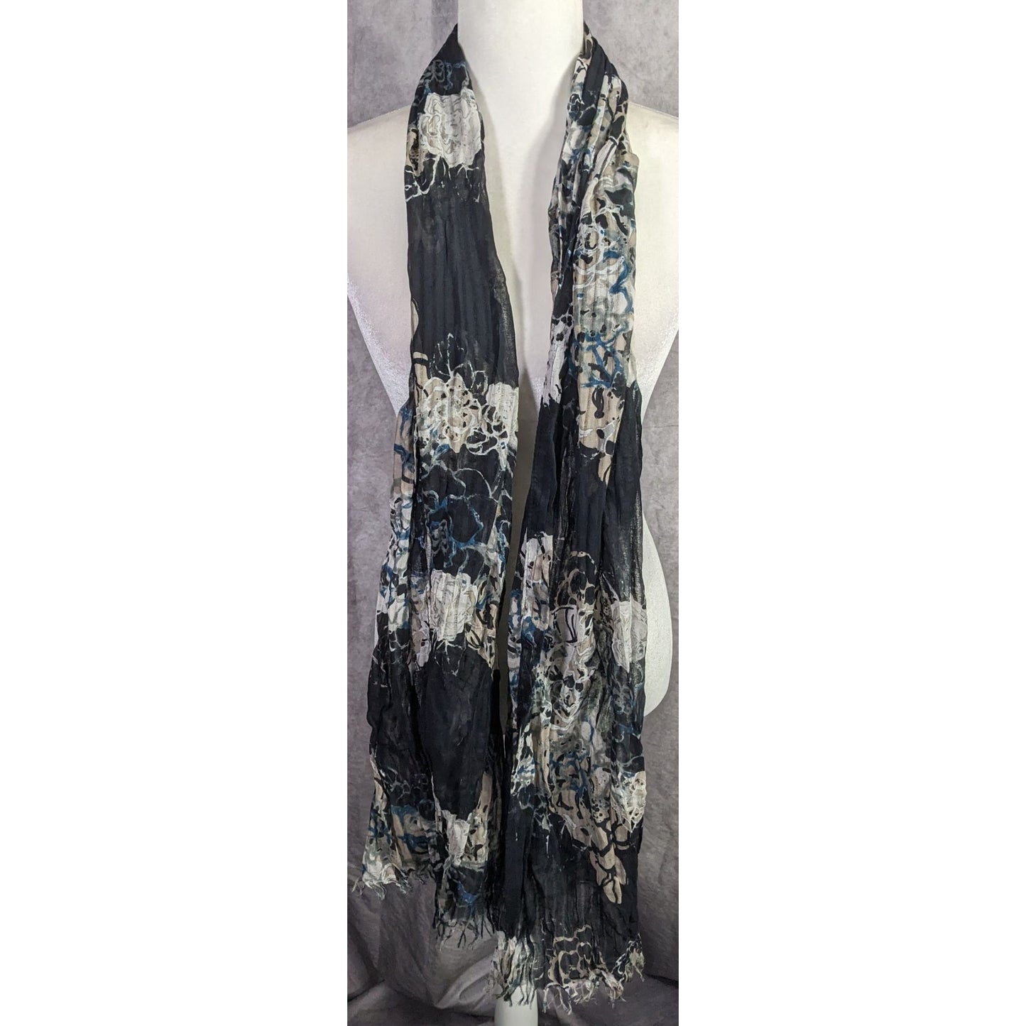 Gothic Floral Scrunched Lightweight Scarf Wrap 74"x26" Black Beige Blue Flowers