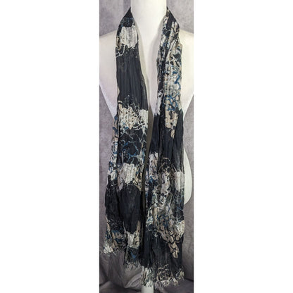 Gothic Floral Scrunched Lightweight Scarf Wrap 74"x26" Black Beige Blue Flowers