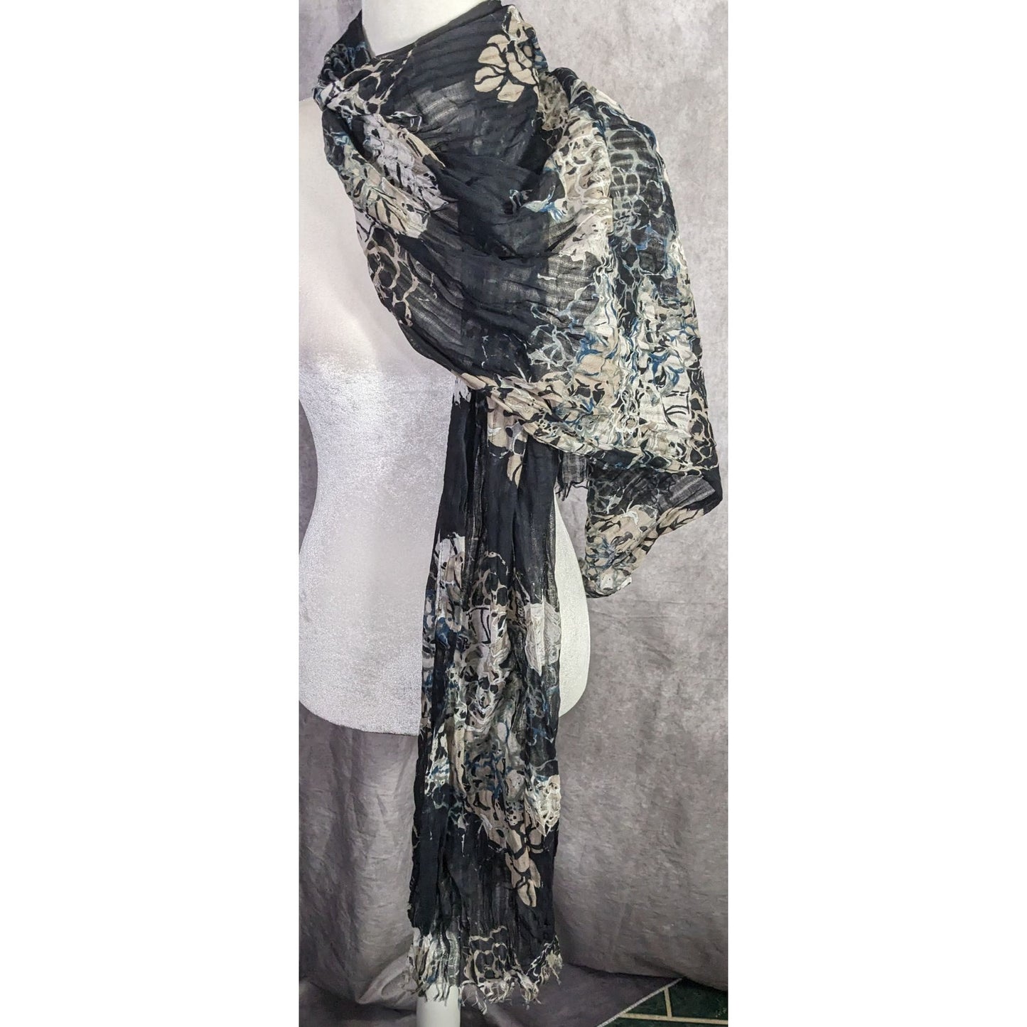 Gothic Floral Scrunched Lightweight Scarf Wrap 74"x26" Black Beige Blue Flowers