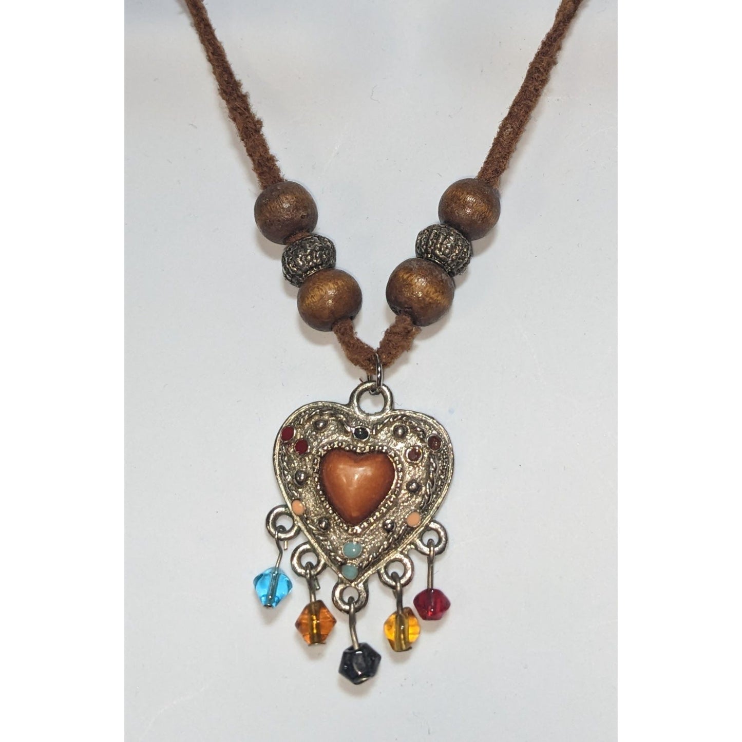 Southwestern Heart Pendant Necklace Beaded Fringe Brown Silver Boho