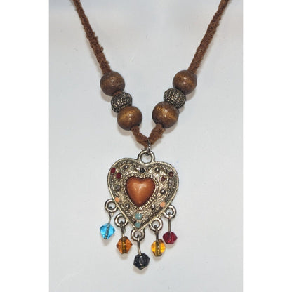 Southwestern Heart Pendant Necklace Beaded Fringe Brown Silver Boho