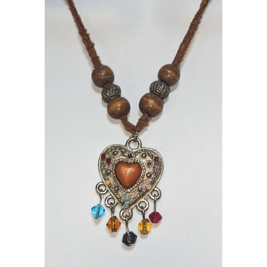 Southwestern Heart Pendant Necklace Beaded Fringe Brown Silver Boho