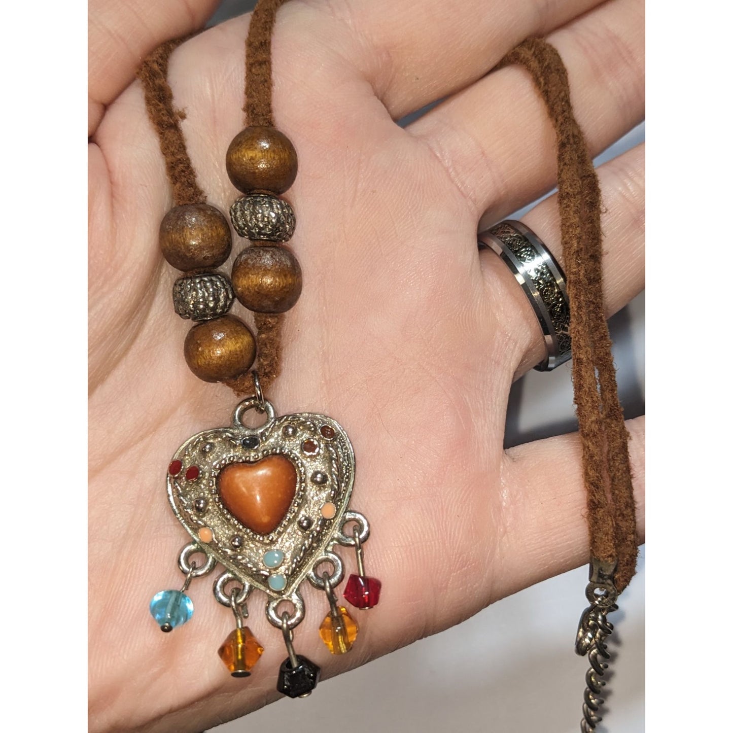 Southwestern Heart Pendant Necklace Beaded Fringe Brown Silver Boho