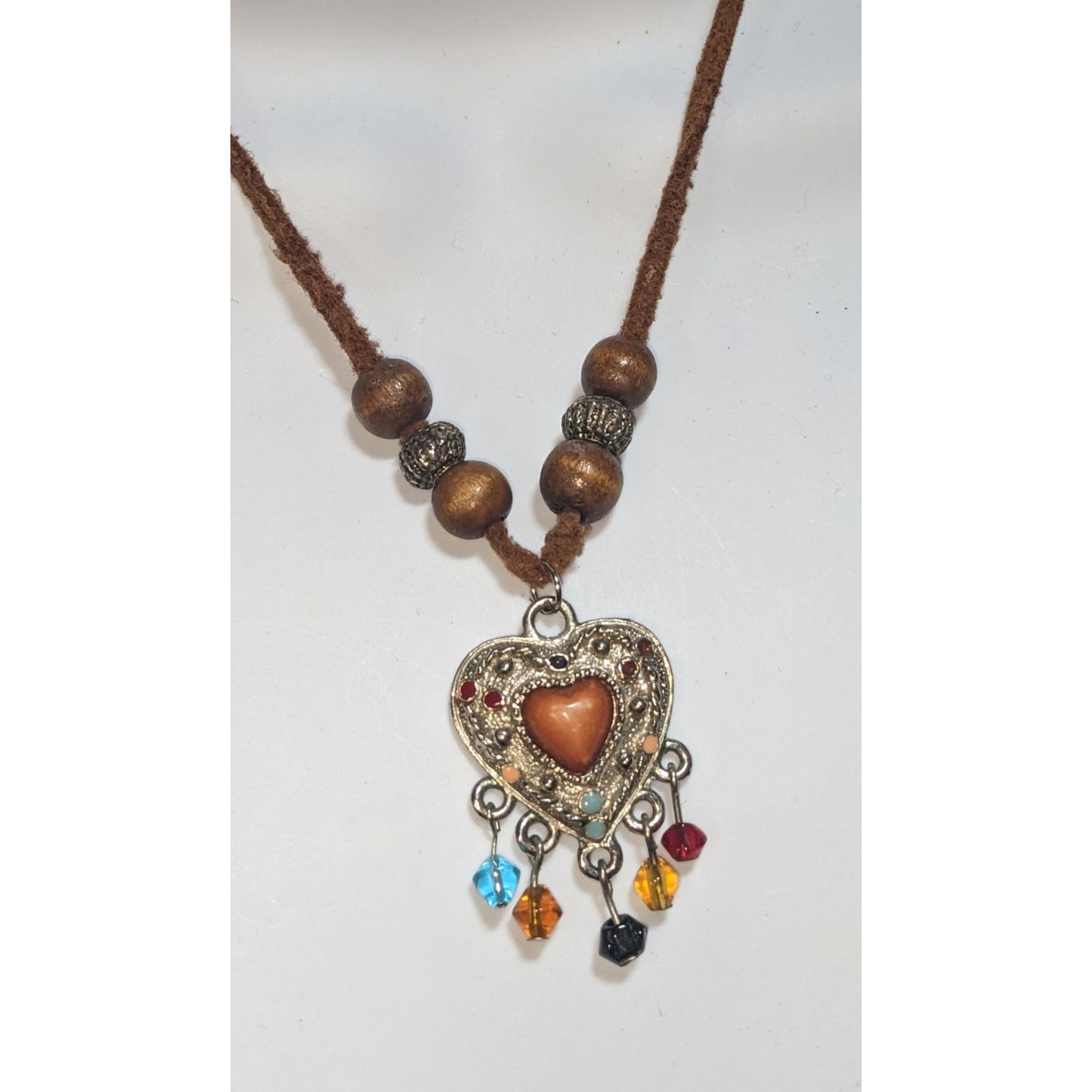 Southwestern Heart Pendant Necklace Beaded Fringe Brown Silver Boho