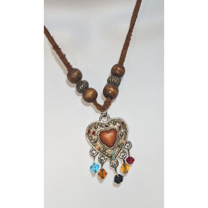 Southwestern Heart Pendant Necklace Beaded Fringe Brown Silver Boho