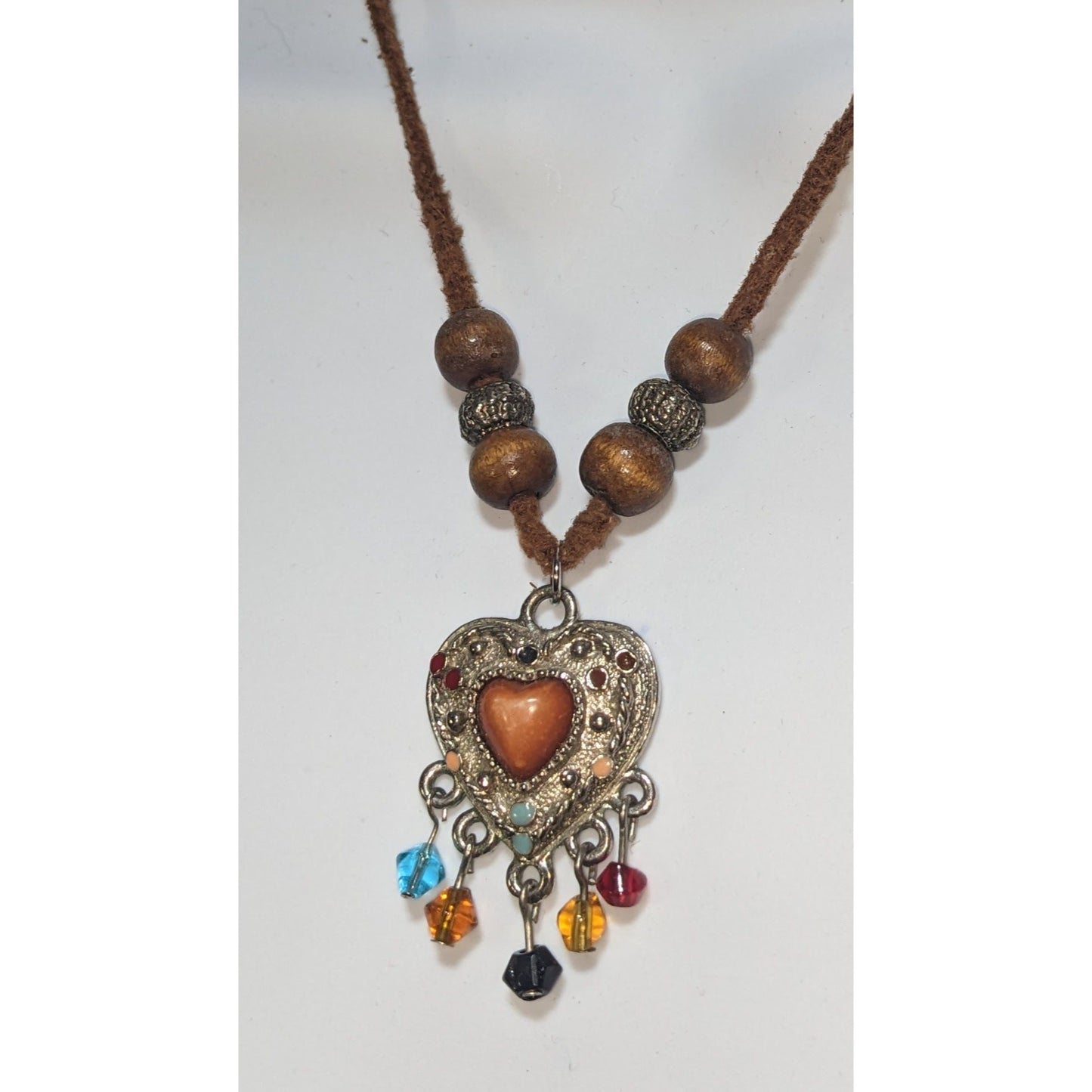 Southwestern Heart Pendant Necklace Beaded Fringe Brown Silver Boho