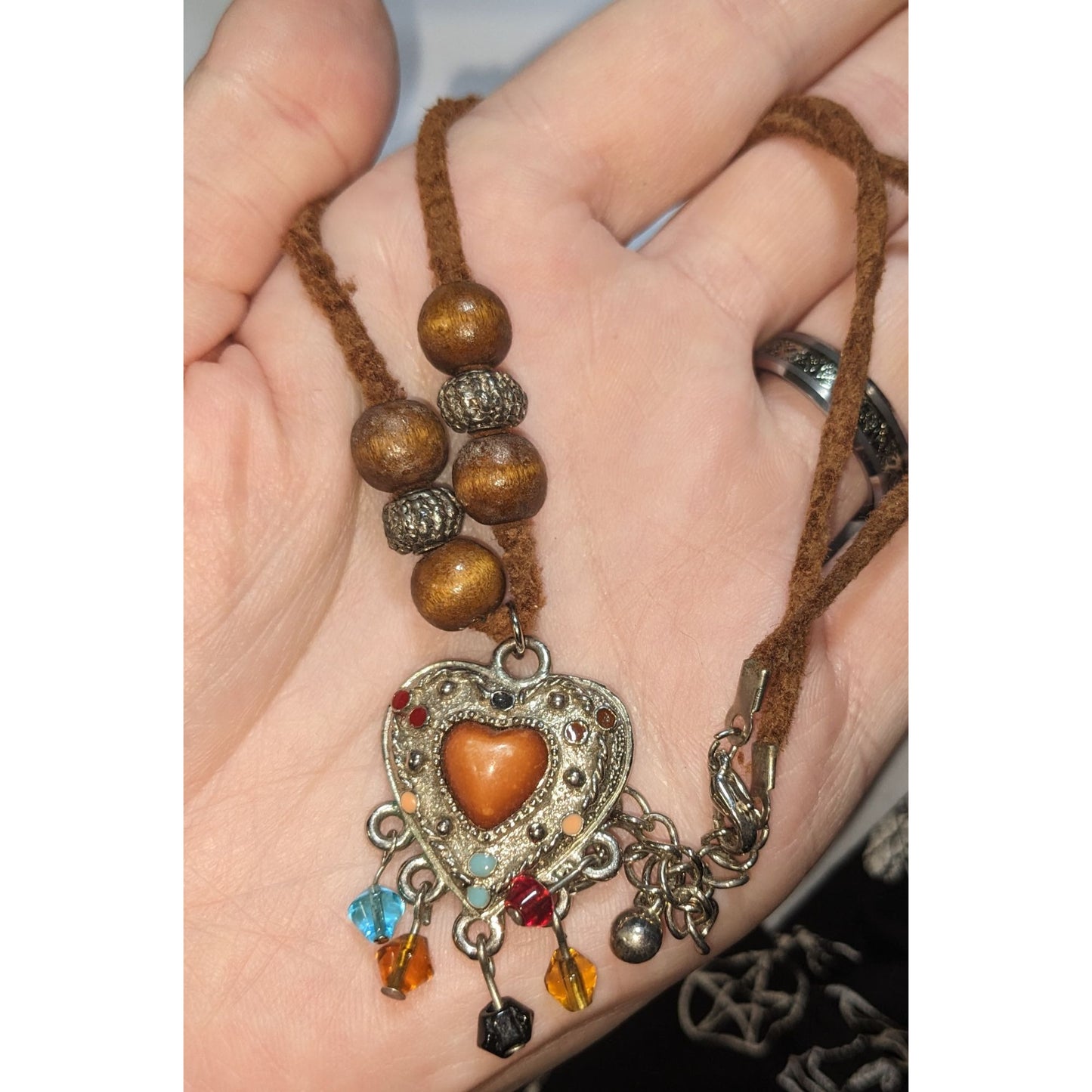Southwestern Heart Pendant Necklace Beaded Fringe Brown Silver Boho