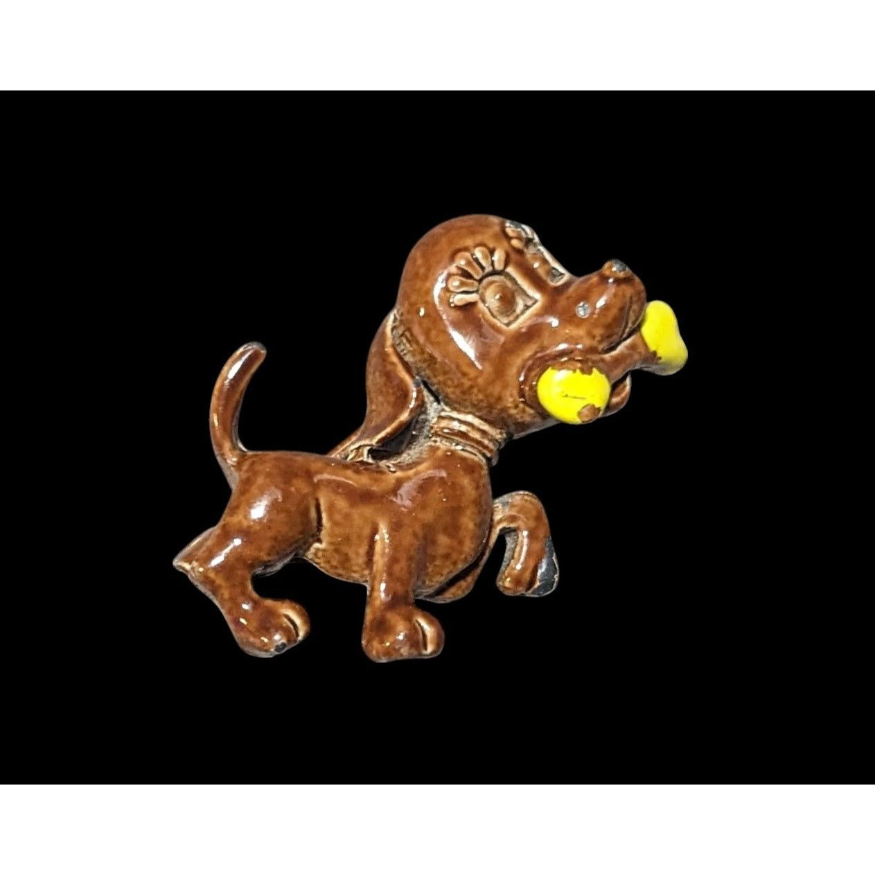 Vintage Brown And Yellow Enamel Dog With Bone Brooch