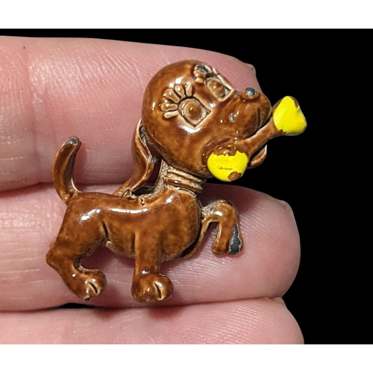 Vintage Brown And Yellow Enamel Dog With Bone Brooch