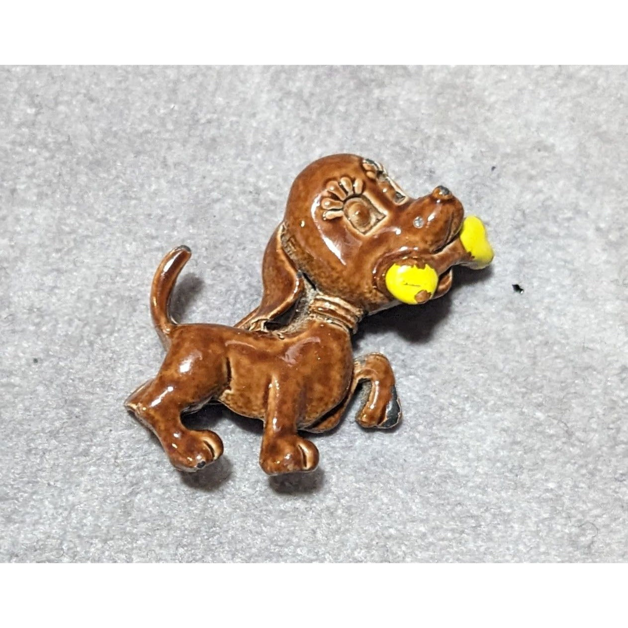 Vintage Brown And Yellow Enamel Dog With Bone Brooch