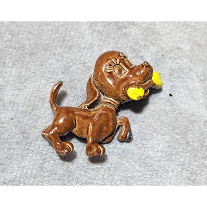 Vintage Brown And Yellow Enamel Dog With Bone Brooch