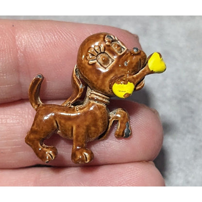 Vintage Brown And Yellow Enamel Dog With Bone Brooch