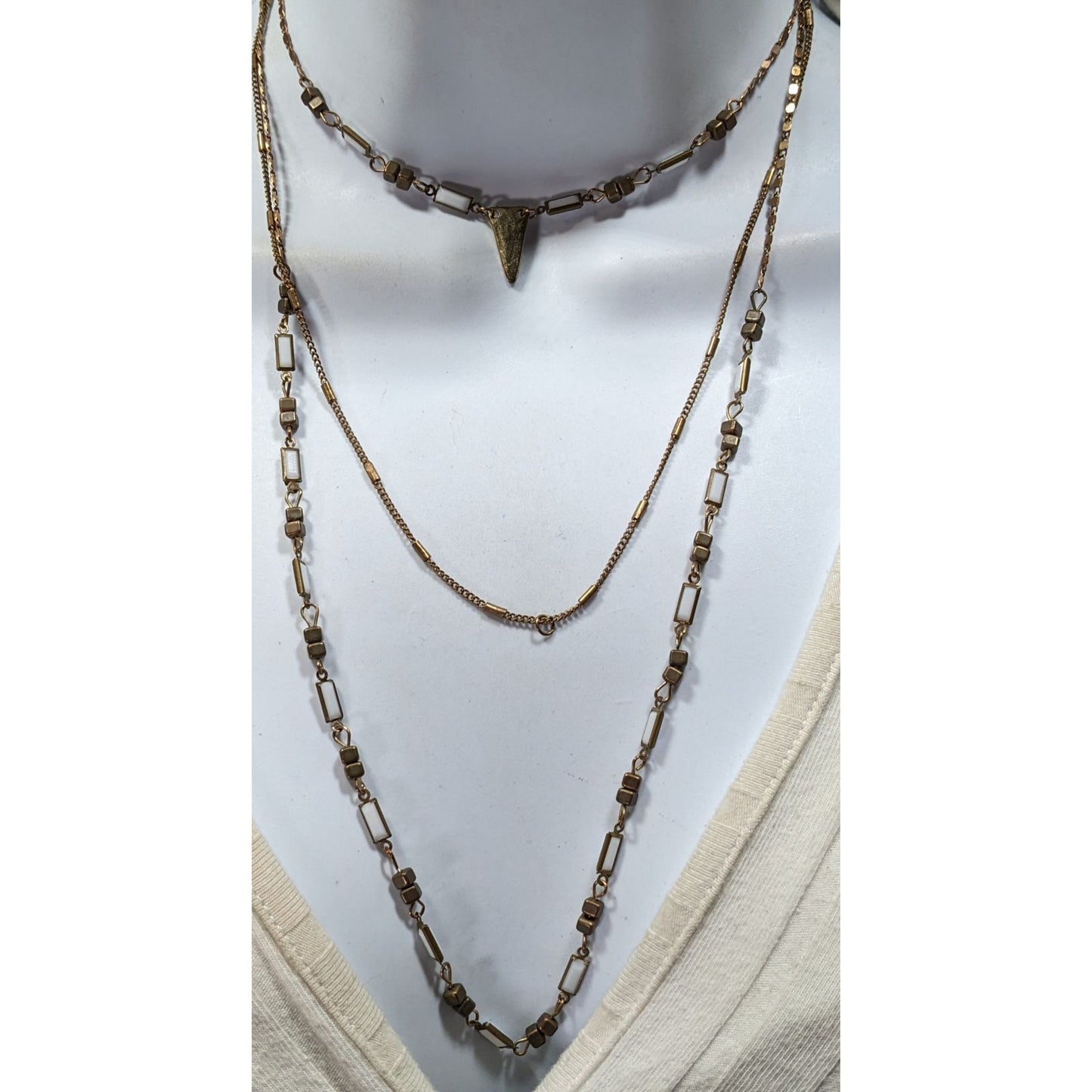 Bohemian Layered Copper Tone And White Glass Necklace