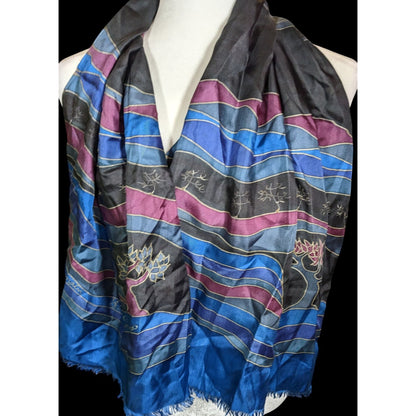 Vintage Signed Hand Painted Silk Scarf With Trees