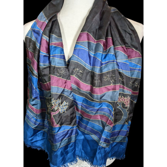 Vintage Signed Hand Painted Silk Scarf With Trees