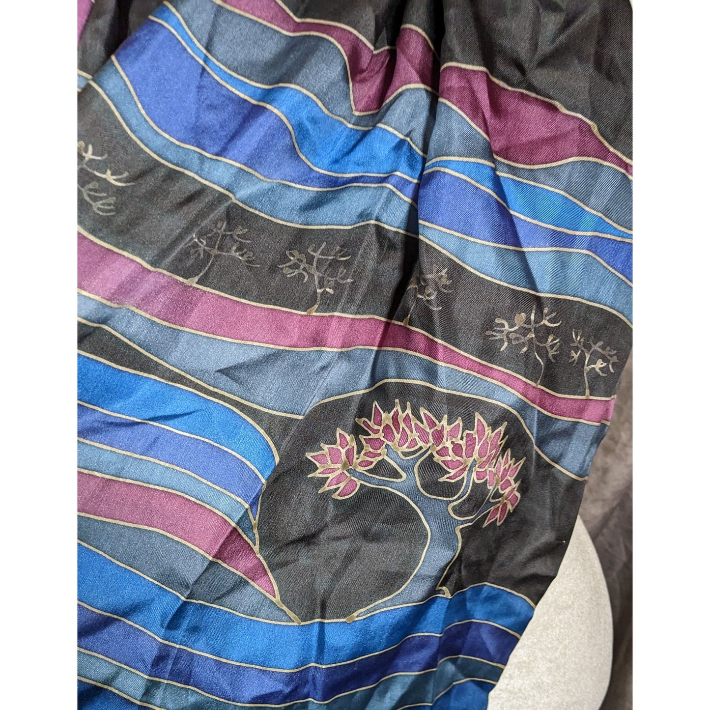 Vintage Signed Hand Painted Silk Scarf With Trees