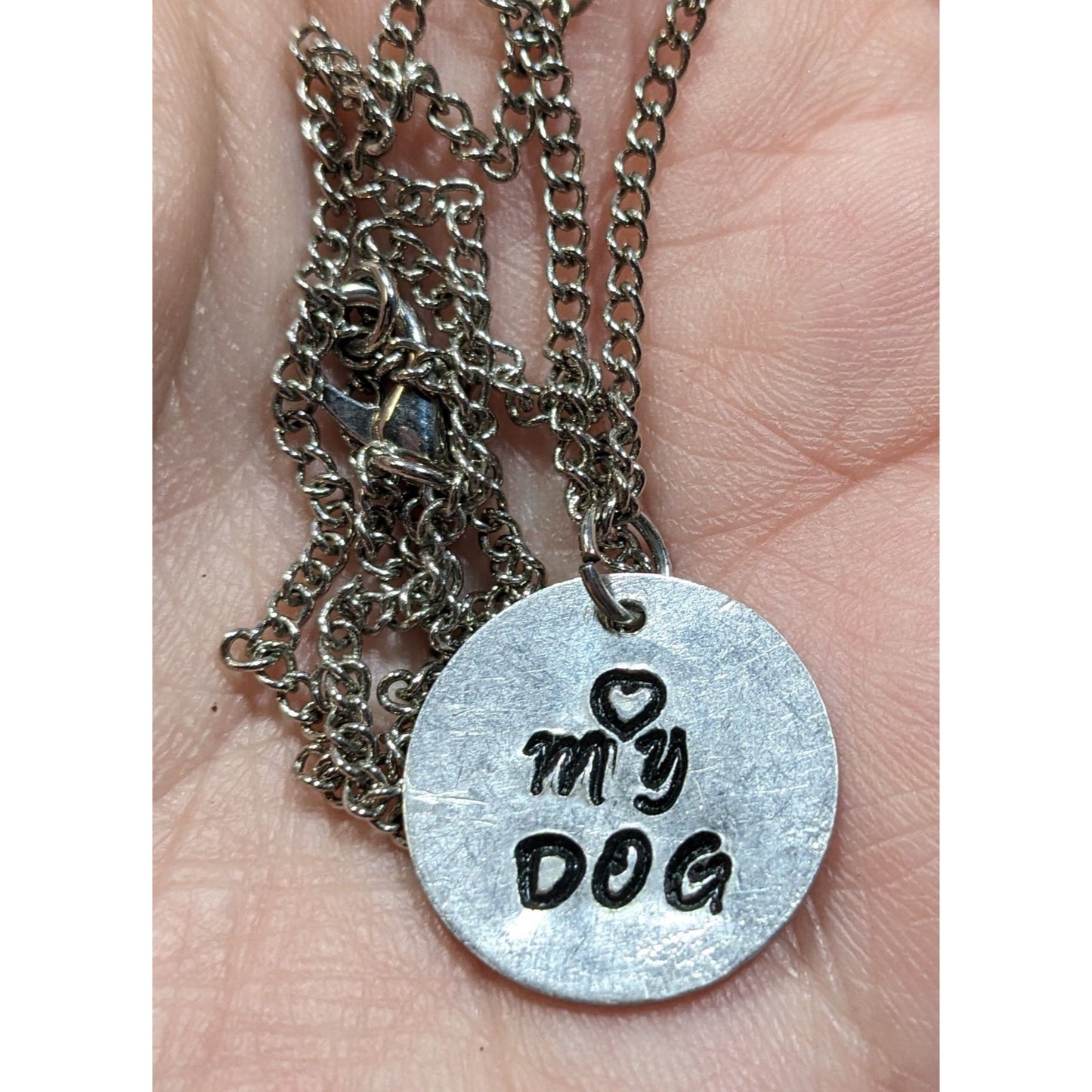 Love My Dog Hand Stamped Silver Tone Pendant Necklace