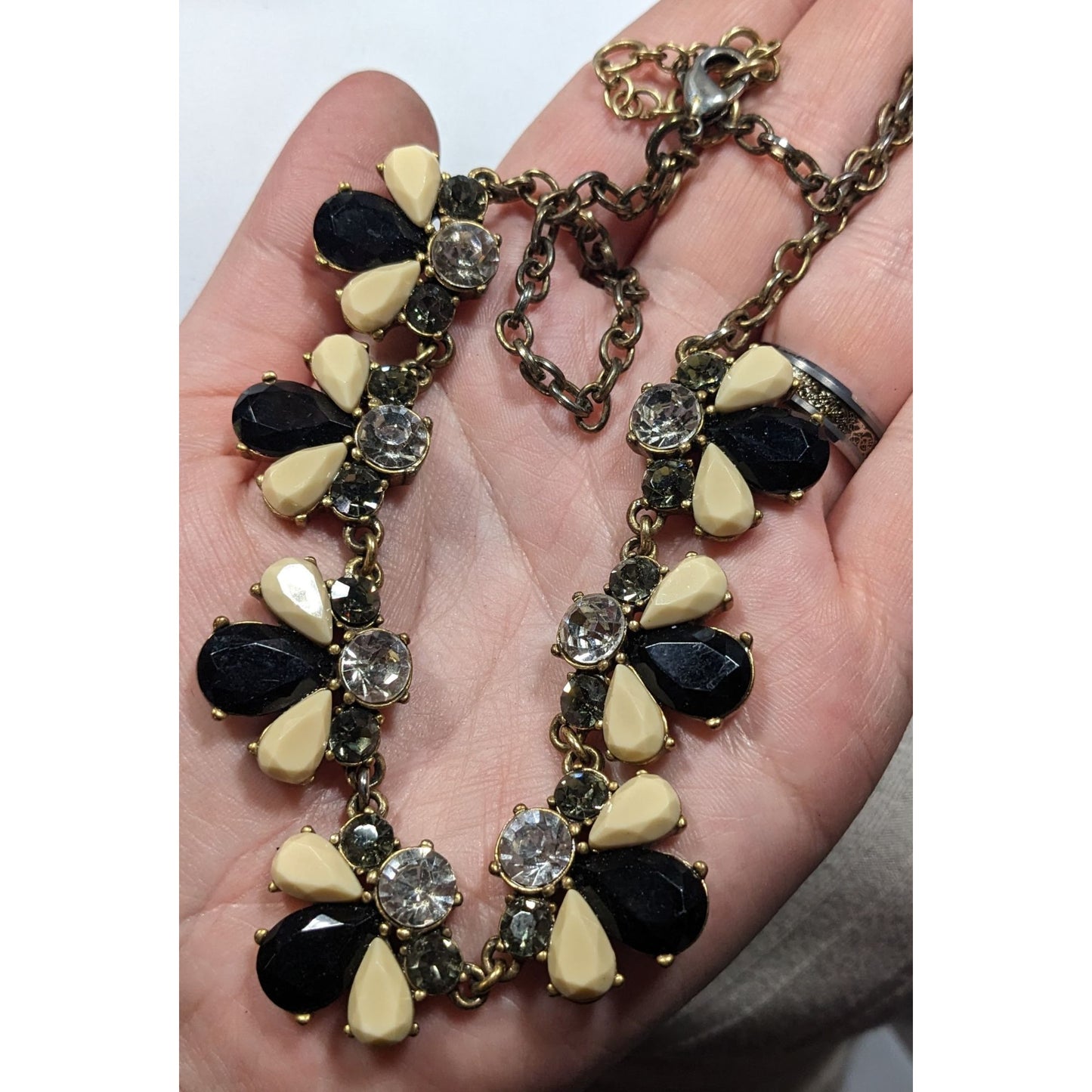 J Crew Preppy Black And Cream Gemmed Statement Necklace